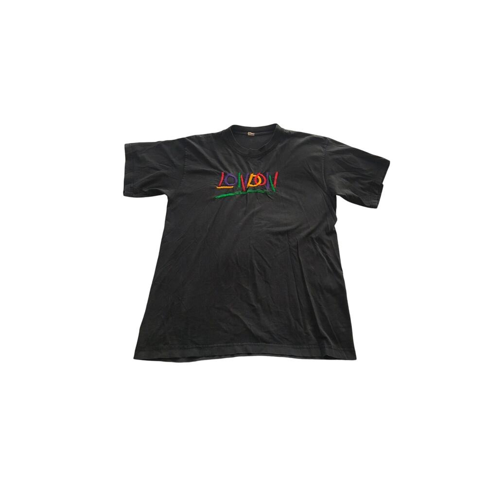 Embroidered London T Shirt Vintage Typography Faded Black Distressed Size Medium